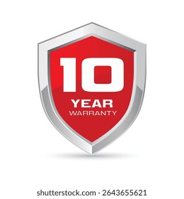 10 anos de garantia de prata metal escudo em cor vermelha vetor ilustração. Ícone de proteção de garantia de dez anos. Crachá de segurança metálico. Emblema de metal brilhante vermelho.