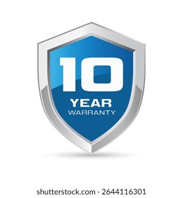10 anos de garantia de prata metal escudo na cor azul. Ilustração de vetor de escudo de garantia de dez anos. Crachá de segurança metálico.