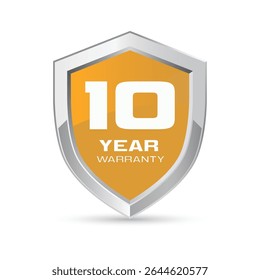 10 anos de garantia de escudo de metal prata na ilustração de vetor de cor laranja. Logotipo de garantia de dez anos.
