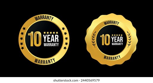 10 year warranty. Two different labels of Ten years, warranty card with , stamps, icons design. 10 years warranty labels, stamp designs in golden and black colour. Quality assurance with warranty card
