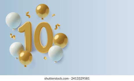 10 años aniversario 3D trasfondo realista con oro diez número, globos y confeti en azul. Cartel de cumpleaños con espacio para copiar y decoraciones tridimensionales de fiesta. Ilustración vectorial.