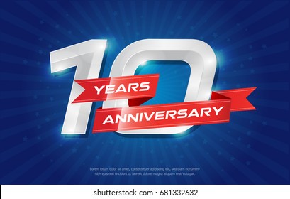 10 years anniversary background with red ribbon and star on blue background. celebrating logotype, poster or brochure template. Vector illustration