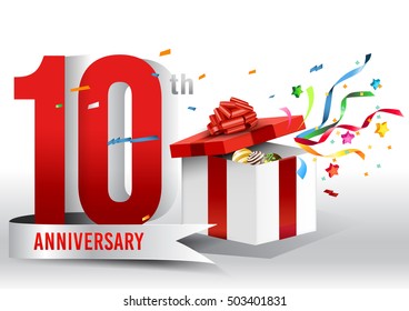 10 years anniversary background with ribbon, confetti and gift on white. Poster or brochure template. Vector illustration.
