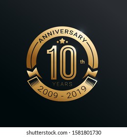 10 Years Anniversary badge with gold style Vector Illustration