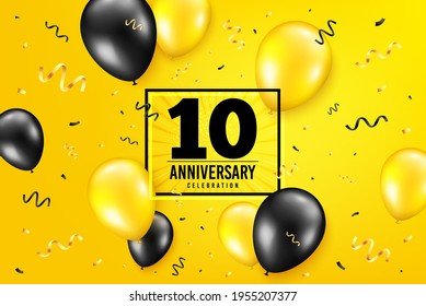 10 years anniversary. Anniversary birthday balloon confetti background. Ten years celebrating icon. Celebrate yellow banner. Birthday party balloon background. Age in a frame box. Vector