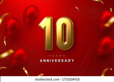 10 years anniversary celebration banner. 3d golden metallic number 10 and glossy balloons with confetti on red spotted background. Vector realistic template.