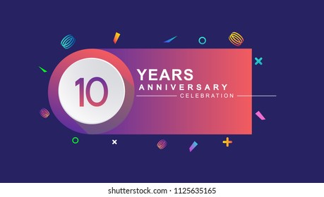10 years anniversary celebration with colorful design, circle and ribbon isolated on dark background