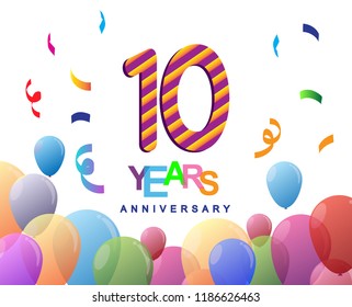 10 years anniversary celebration with colorful balloons and confetti, colorful design for greeting card birthday celebration