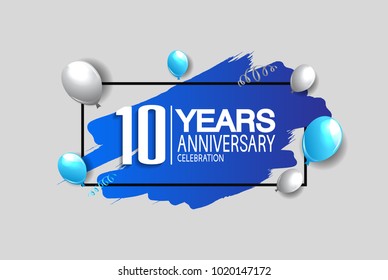 10 years anniversary celebration design with blue brush and balloons isolated on white background