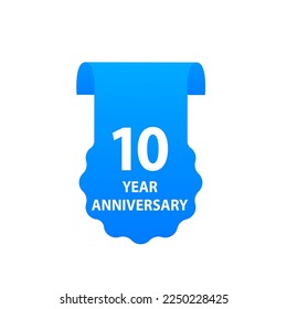 10 Years Anniversary Celebration. Design with blue color and ribbon isolated on white background for celebration event. Vector illustration