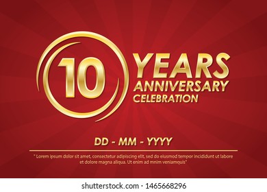 10 years anniversary celebration emblem. anniversary logo with ring and elegance of golden on red background, vector illustration template design for celebration greeting card and invitation card