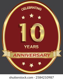10 years anniversary celebration, greeting card, festive background with golden jubilee numerals in oval frame with stars and ribbon, logo, icon. Vector illustration