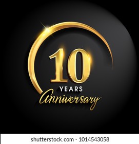 10 years anniversary celebration. Anniversary logo with ring and elegance golden color isolated on black background, vector design for celebration, invitation card, and greeting card