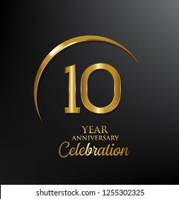 10 years anniversary celebration. Anniversary logo with swoosh and elegance golden color isolated on black background, vector design for celebration, invitation card, and greeting card