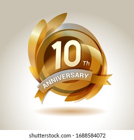 10 years anniversary celebration. Anniversary logo with ring and elegance golden color, for celebration, invitation card, and greeting card