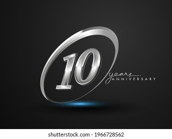 10 Years Anniversary Celebration. Anniversary logo with ring and elegance silver color isolated on black background, vector design for celebration, invitation card, and greeting card