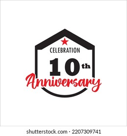 10 years anniversary celebration. Anniversary logo with Hexagon and elegance red and black color isolated on white background, vector design for celebration.
