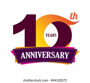10 years anniversary celebration logo design with decorative ribbon or banner. Happy birthday design of 10th years anniversary celebration. Number 10 template logo with banner / ribbon. 10 years old.