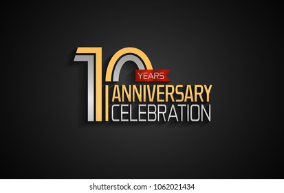 10 years anniversary celebration logotype. anniversary logo with golden and silver color and red ribbon isolated on black background, vector design for celebration, invitation card, and greeting card