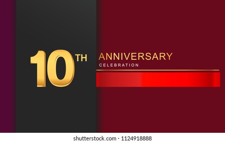 10 years anniversary celebration logotype golden color with red ribbon elegant design for anniversary celebration, invitation card, and greeting card.
