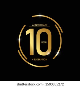 10 years anniversary celebration logotype. anniversary logo with circle golden and Spark light white color isolated on black background, vector design for celebration, invitation and greeting card