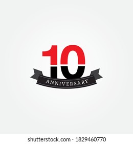 10 years anniversary celebration logotype. anniversary logo with red and black color isolated on white background, vector design for celebration, invitation card, and greeting card