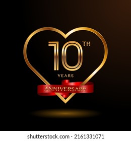 10 years anniversary celebration logotype with gold color and ribbon for booklet, leaflet, magazine, brochure poster, banner, web, invitation or greeting card. Vector illustrations.