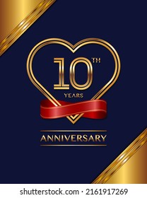 10 years anniversary celebration logotype with gold color and ribbon for booklet, leaflet, magazine, brochure poster, banner, web, invitation or greeting card. Vector illustrations.