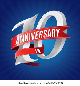 10 years anniversary celebration logotype. 10th silver number with red ribbons on blue background