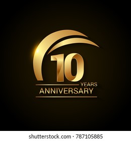 10 Years Anniversary Celebration Logotype. Golden Elegant Vector Illustration  with Gold Swoosh,  Isolated on Black Background can be use for Celebration, Invitation, and Greeting card