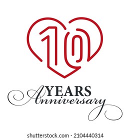 10 years anniversary celebration number ten bounded by a loving heart red modern love line design logo icon white background