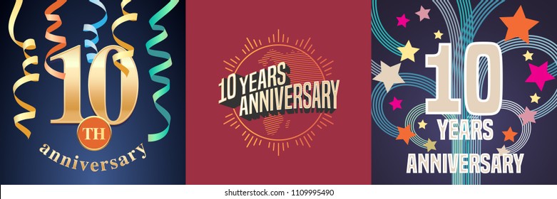 10 years anniversary celebration set of vector icons, logo. Template design element with golden number for 10th anniversary greeting card 