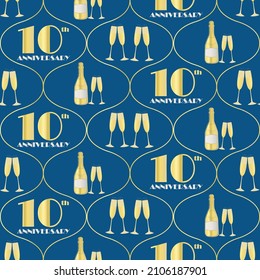 10 years anniversary celebration vector seamless Ogee pattern with hand drawn champagne bottles and glasses. Blue and gold background. Fizzy drinks and 1920s font. Repeat for party, business event