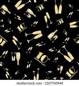 10 years anniversary celebration vector seamless pattern with hand drawn champagne bottles and glasses. Gold and black background. Fizzy drinks and 1920s font. Repeat for party, business event