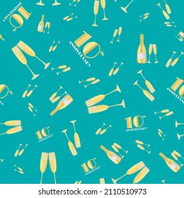 10 years anniversary celebration vector seamless pattern with hand drawn champagne bottles and glasses. Gold and aqua blue background. Fizzy drinks and 1920s font. Repeat for party, business event