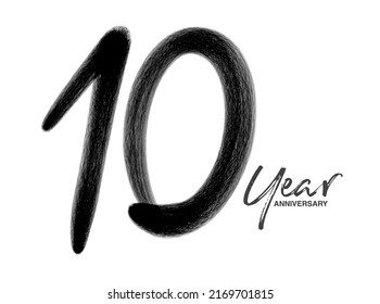 Plantilla vectora de celebración de 10 años, diseño del logotipo de 10 años, décimo cumpleaños, números de letras negras pincel dibujo dibujo dibujo dibujo a mano, número logo diseño ilustración vectorial