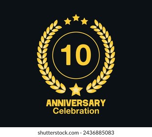 10 Years anniversary celebration. Vector luxury celebration with hoop, laurel and golden stars