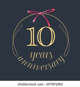 10 years anniversary celebration vector icon, logo. Template design element with golden number and red bow for 10th anniversary greeting card