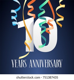 10 years anniversary celebration vector icon, logo. Template design element with modern paper cut out  number and garlands for 10th anniversary card