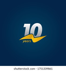 10 Years Anniversary Celebration White Blue and Yellow Ribbon Vector Template Design Illustration