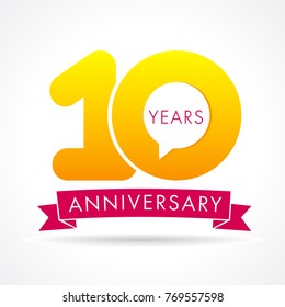 
10 years anniversary communication logo. 10th year birthday logotype label, yellow vector number sign and pink ribbon isolated