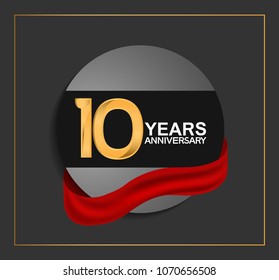 10 years anniversary design with black circle and red ribbon for celebration event