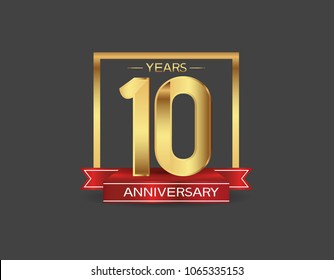 10 years anniversary design logotype golden color with square and red ribbon for celebration event isolated on black background
