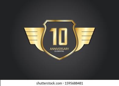 10 years anniversary design logotype 3D golden stylized modern shape winged shield on black background for celebration event
