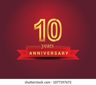 10 years anniversary design with red ribbon and golden color isolated on red background, Design for anniversary celebration.