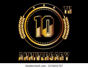 10 years anniversary. Gold vector with rings for 10 years anniversary celebration on black background.