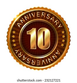 10 years anniversary golden brown label. Vector illustration.