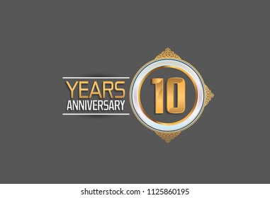 10 years anniversary golden design with white circle and ornament for celebrating special event