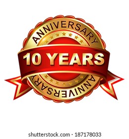 10 years anniversary golden label with ribbon.  Vector illustration.