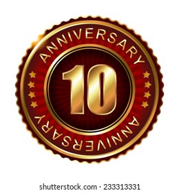 10 years anniversary golden label. Vector illustration.